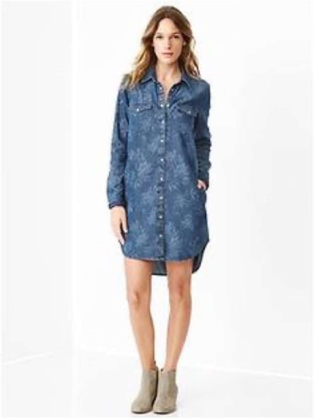 Gap Western Snap Button Floral Chambray Denim Cowgirl Shirt Dress